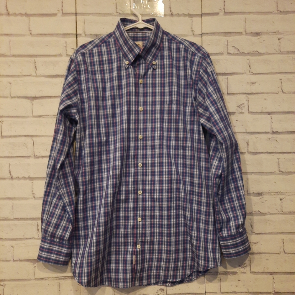 Peter Millar Men's Size M Button Up Shirt Blue Pink White Plaid  Collar